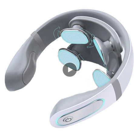 Gray and white neck massager with blue accents on a white background