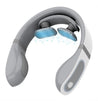 Gray and white handheld shower head with blue water jets on a white background
